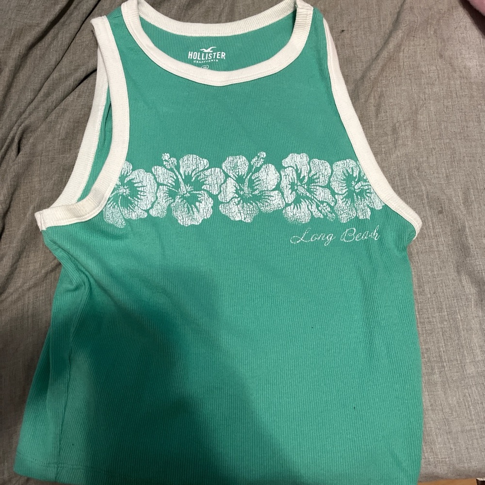 Hollister Green and White Floral Tank Top